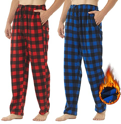 YUSHOW Mens Pyjamas Bottoms 2 Pack Fleece Checked Lounge Pants with Pockets Loungewear Pjs Trousers