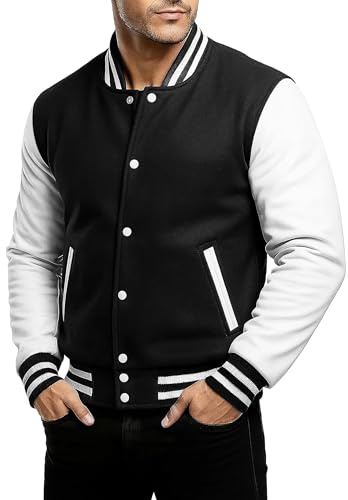 Chaqueta universitaria unisex Fashion_First - Chaqueta bomber de béisbol - Chaqueta estilo americano Letterman de lana + cuero sintético, blanco y negro, L