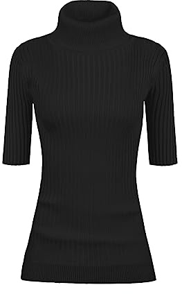 v28 Women Turtleneck 1/2 Half Sleeve Highly Stretchy Ribbed Knit Fitted Sweater(Black L)