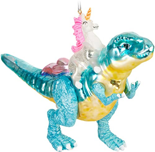 BRUBAKER Einhorn reitet auf Dinosaurier Weihnachtskugel aus Glas - Handbemalt und Mundgeblasen - Christbaumschmuck - Fantasie Dino Figur Lustig Weihnachtsdeko Anhänger Bunt - Baumkugel
