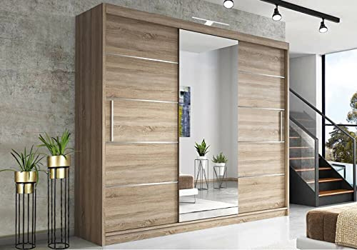 RAC3 Wardrobes for Bedroom with Mirrored Sliding Door & LED Light Premium Wardrobe Storage with Sleek Design comes in Colours Black/White/Grey/Oak- Different Sizes from 120cm - 250cm (Oak, 250cm)