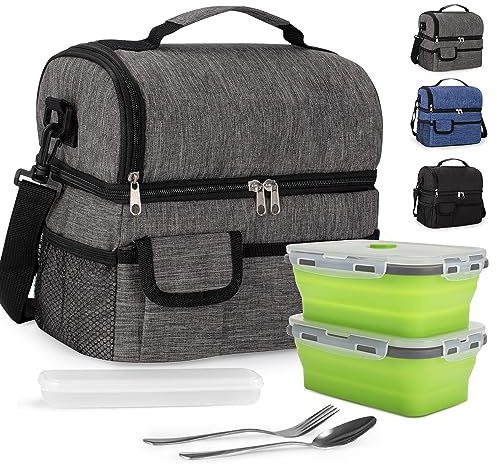 Sac Isotherme Repas 10L Sac à Déjeuner Isotherme Portable Sac à Lunch Isolé avec 2 boîte à lunch pliable et couverts pour Femmes Hommes et Étudiants à l’École et au Bureau(Grey+2 Boîte à Lunch)-X