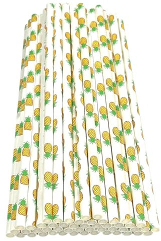 Haobase 50 Stück Papier Trinkhalme, biologisch abbaubare Papier Strohhalme für das Trinken von Cocktail, Kaffee, kalte Getränke (Obst-Muster) (Pineapple Pattern)