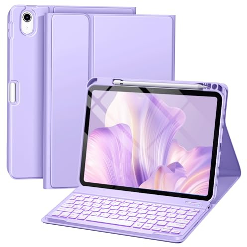 drivego Hülle mit Tastatur für iPad A16 11. 2025/10. 2022 (11/10.9 Zoll) | 7-farbige Beleuchtung Magnetische Abnehmbare Tastatur für iPad 11/10 Generation Hülle mit Stifthalter, Lavendel