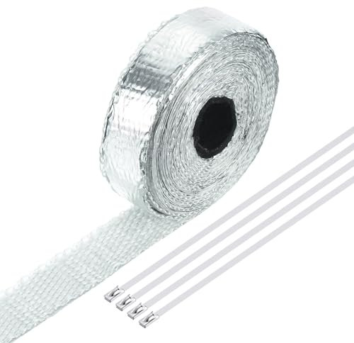 QUARKZMAN Fibreglass Auspuffband, 1 x 16' Silbernes Hitzeschutzband für Auspuffanlagen an Hot Rods und Motorrädern mit 4 Edelstahlbindern