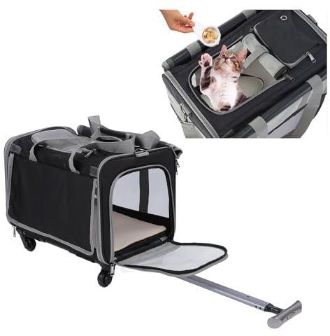 Sac Transport pour Chien Chat avec roulettes, Grand Transporteur Pliable Animaux Compagnie avec Poignée, 18,5 X 11,8 X 15,4, Sac Transport Respirant Chats Chiens Chariot Compagnie