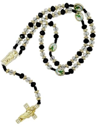 Exquisite Rosary Saint Jude Cross Pendant Mexican Necklace - Braided Cord Green Crystal beads Chain, Charm Accessories for Men and Women, Catholic St Jude Elegant Religious Jewelry Gift Idea (White&Black)