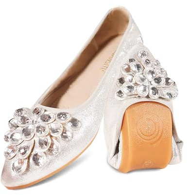 YOUNIFIZ Ballerine da donna, elastiche, pieghevoli, portatili, con strass scintillanti, ballerine, ballerine, scarpe da dolly, Argento 1., 38 EU