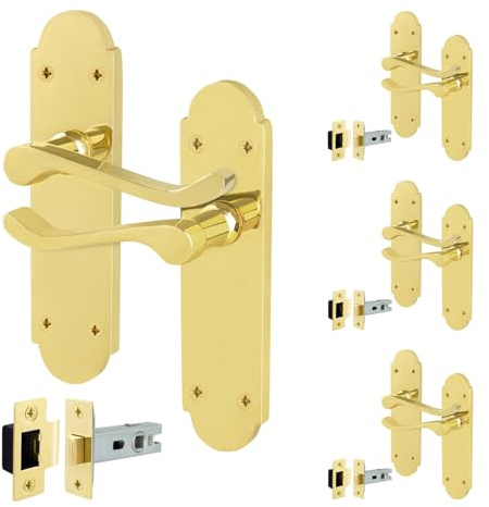 EAI Polished Brass Door Handles with Latch 64mm, 4 Pack - Victorian Scroll | Complete Latch Kit with 4 Pairs of Victorian Scroll Lever on Backplate Door Handles, 64mm Latches, Fixings Included