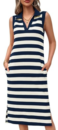 Wenrine Women's Striped Summer Dress Casual Polo V Neck Sleeveless Slit Loose Fit T Shirt Midi Dresses Navy