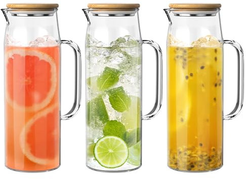 3 Sets Glass Pitcher with Lid, 50 oz / 1500 ml Water Carafe with Handles Hot Cold Beverage Water Jar Glass Jug (Bamboo lid)