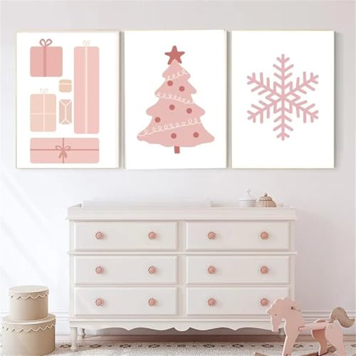 Ueiwffzo 3er Set Poster Bilder Kinderzimmer, Rosa Weihnachten Bilder Wandbilder Kinderzimmer Deko, Niedliche Leinwand Bilder für Kinderzimmer, Ohne Rahmen (21X30cm)
