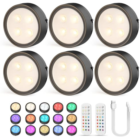 Onumii USB Aufladbar LED Unterbauleuchte Akku Schrankbeleuchtung mit Fernbedienung Magnetisch Kabellos Vitrinenbeleuchtung Dimmbar für Schrank, Kleiderschrank, Küche, Schlafzimmer (6er Pack Schwarz)