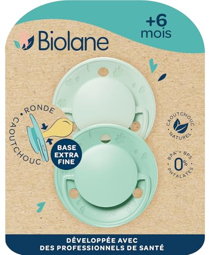 BIOLANE - Runder Sauger - extra dünner Schnuller - 6+ Monate - grün zweifarbig - Naturkautschuk Sauger - Für die Mundentwicklung - Weich und bequem