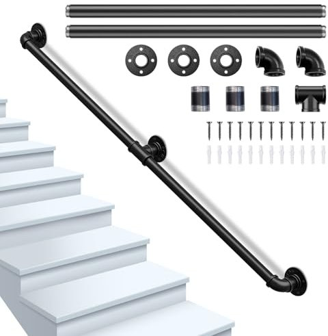 Orifesio Main Courante pour Escalier, Rampe Escalier Extérieur et Intérieur, Antidérapante Rampe Escalier Intérieur Tube Galvanisé, Noir Rampe d'Escalier Sécurité, Capacité de Charge 200 KG, 200CM