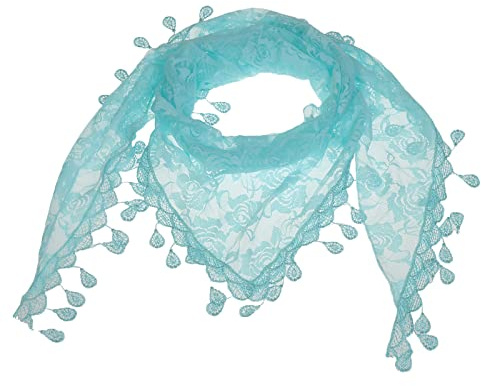JK Home Floral Lace Triangle Shawls Wraps with Tassels, Triangle Veil Lace Head Covering Chapel Scarf Bridal Veils Tulle Rose Church Veil Bikini Cover Up for Party Birthday Wedding Light Blue