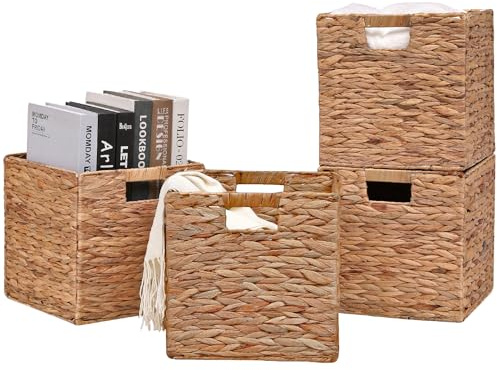 NWSHO65 11x11x11in Storage Baskets Wicker Cubes Set of 4 Baskets ,Foldable Water Hyacinth Baskets,Handwoven Storage Baskets for Shelves,Kitchen or Outdoor