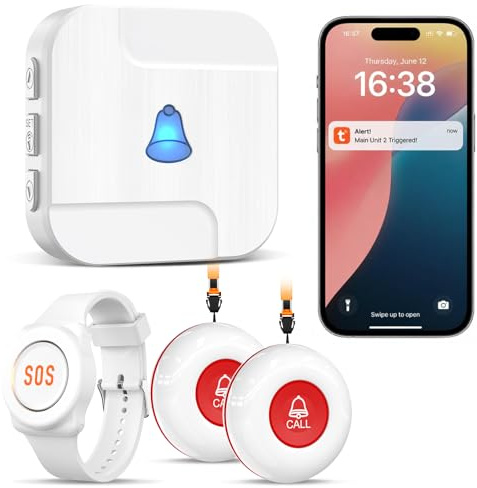 Appareil d'Alarme Chunhee pour Personnes Âgées - Système Adapté aux Handicaps et Difficultés de Mobilité. Bracelet d'Alarme pour Usage Domestique (1 Récepteur + 1 Montre + 2 Émetteur)