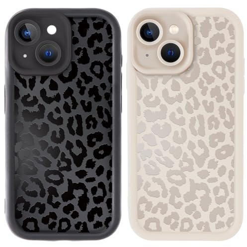 Kueqeay 2 Stück Hülle für iPhone 14 6,1, Handyhülle mit Aesthetic Leopard Muster Design Matte Schutzhülle,Ultra Weich Silikon Dünn TPU Case Stoßfest Kratzfest Bumper Cover, 01