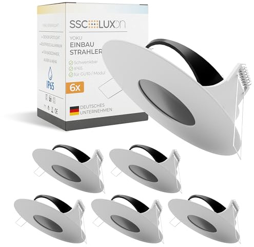 SSC-LUXon YOKU Bad Einbaustrahler 6 Stück rund weiß IP65 GU10 schwenkbar | Sechs schwenkbare Bad-Deckenspots rund weiß IP65 für Bad, Dusche & Vordach - GU10 oder LED-Modul, ohne Leuchtmittel