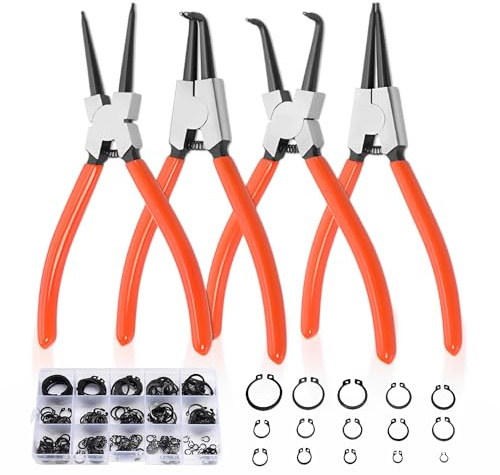 Set di 4 pinze per anelli di sicurezza da 177 mm, con pinza per seeger dritte, in acciaio al carbonio, protezione antiruggine con 300 pezzi, per fusibili interni ed esterni con scatola