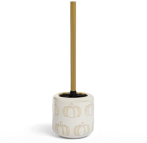 Stylish Pumpkin Toilet Brush - Cream Ceramic Holder, Gold Handle, Black Brush, Halloween Bathroom Accessory