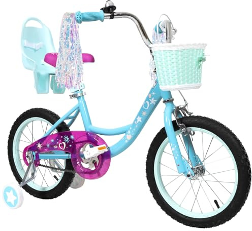 WEIZE Girls Bike for 4-7 Years Old Kids, 16 Inch Kids Bike with Training Wheels, Streamers, Basket and Doll Seat, Children Bicycles with Coaster Brake, Blue