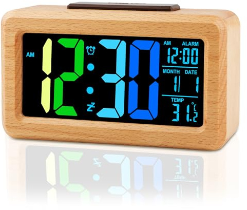 Ayybboo Wecker Digital Holz,Große LED-Anzeige mit Farbigen Ziffern,Helligkeitssensor,Snooze,Batterie | USB-Betrieb für Schlafzimmer,Büro,Wohnzimmer (Blau Grünes Buchenholz)