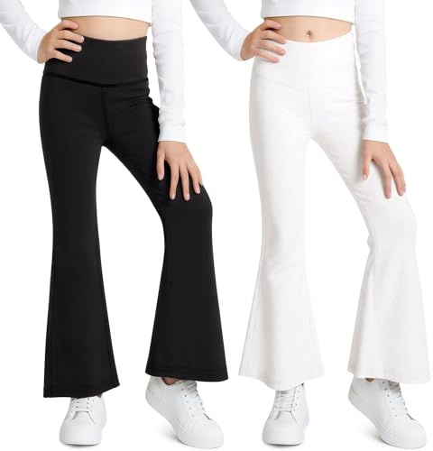 Domueay Leggings för flickor med utsvängda ben, 2-pack, för barn från 7 till 14 år, Vit och svart, 7-8 år