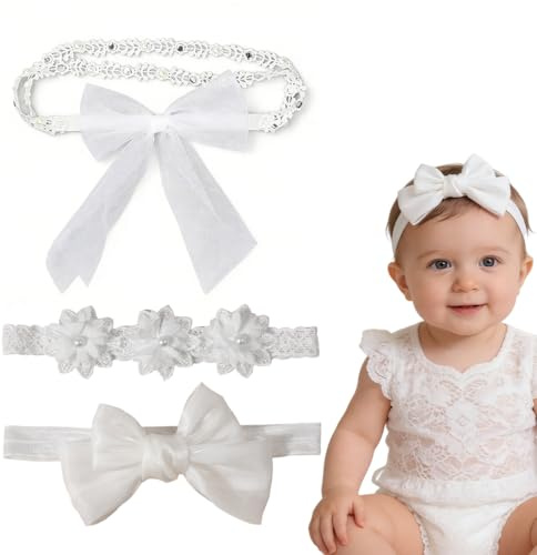 YAYNO 3 Piezas Diadema para bebé diadema para bebé niña diadema de encaje de gasa de moda cinta de grosgrain, ideal,con pequeña flor blanca capa adecuada,para sesión de fotos, boda, fiesta