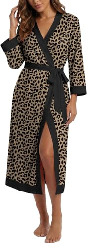 PrinStory Accappatoio da donna lungo, maniche a 3/4, leggero, scollo a V, kimono, biancheria da notte con cintura, S