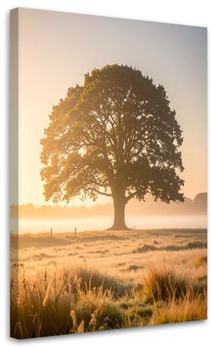 Feeby Leinwand Bilder - Bild Wohnzimmer - Baum im Nebel Natur - 80x120 1tlg - Deko Schlafzimmer Groß - Dekoration Canvas - Gemälde - Modern Wandbilder - Kunstdruck