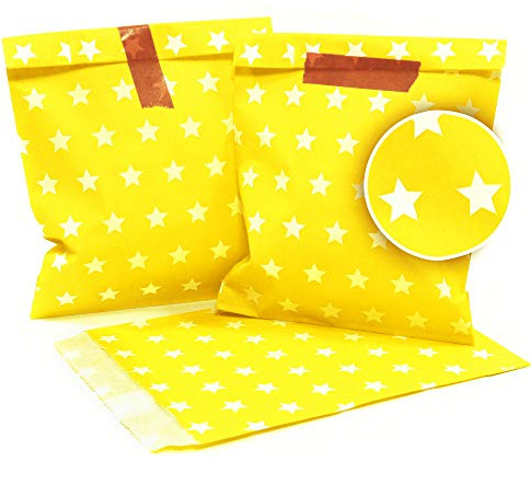 Frau WunderVoll® 100 PAPIERTÜTEN GELB, Sterne 13 x 16,5 cm, 45 Gramm Papier, flach/Candy Bar, Hochzeit, Kindergeburtstag, Papiertütchen, Candybag, Tüten, Mitgebseltüten