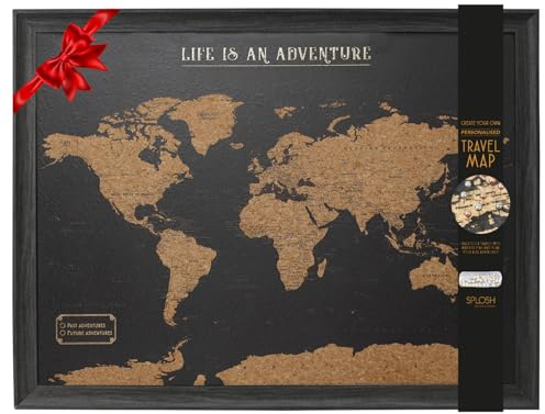 Splosh Framed Travel Map - Black Small Wooden Pin Board with 100 Pins World Map Wallpaper UK Cork Board Wooden World Map for wall, World Map Cork Board Travel Gift. Mark your past & future adventures!