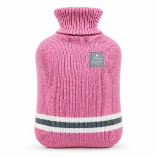 OliviaLiving Wärmflasche mit klassisch gestreiftem Bezug, 2L Wärmbeutel für Menstruationskrämpfe, Nacken- und Schulterschmerzlinderung, Wärme- und Kältetherapien, Handfußwärmer (Rosa)