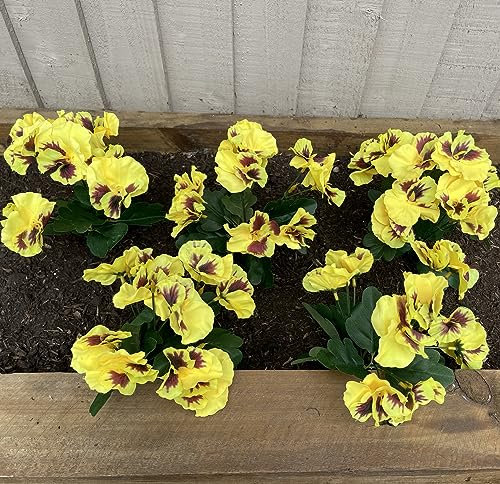 Garden 365 Artificial Pansy ​Flowers - Fake Plants for Outdoor ​or​ Indoor Use - Faux Flower Decorations ​with Fade Resistant Colour - POTS NOT INCLUDED (5 Pack - Yellow)