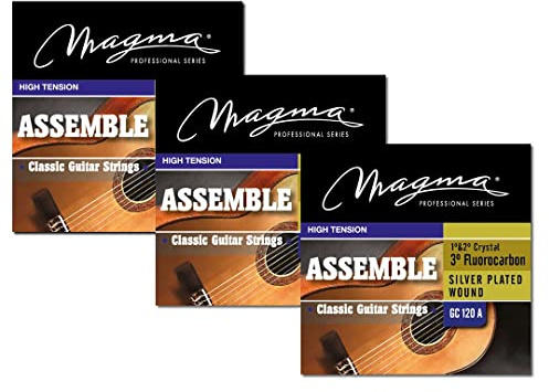 Magma - 3 Juegos de Cuerdas para Guitarra Española de Cobre Plateado, 1° y 2° Nylon Cristal, 3° Flurocarbono - Tensión Alta – (GC120A)