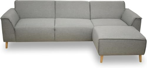 DOMO. collection Ecksofa Jules FK, skandinavisches Sofa mit Federkern, Couch Garnitur mit Holzfüßen, 268 x 159 x 81 cm (BxTxH), Eckganitur mit Longchair rechts, silber | Longchair rechts mit Federkern und Holzfüßen in L-Form mit Biese-Naht, 268 x 159 x 81 cm (BxTxH), komfortabel