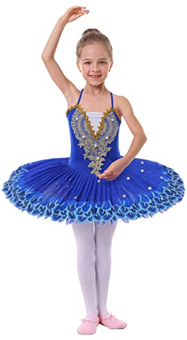 IMEKIS Vestito da Balletto per Ragazze di Fiori Body da Danza Ginnastica Ricamato Senza Maniche con Gonna Tutu Costume da Ballo Principessa da Fata Ballerina Blu 11-12 Anni