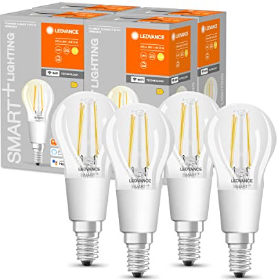 LEDVANCE Smarte LED-Lampe mit Wifi Technologie, Sockel E14, Dimmbar, Warmweiß (2700K), Tropfenform, Klares Filament, Ersatz für herkömmliche 75W-Glühbirnen, steuerbar mit Alexa, Google & App, 4er-Pack