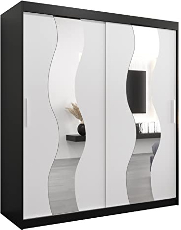 MEBLE KRYSPOL Sewilla 180 Schlafzimmerschrank mit Zwei Schiebetüren, Spiegel, Kleiderstange und Regalen – 180x200x62cm - Mattschwarz + Mattweiß