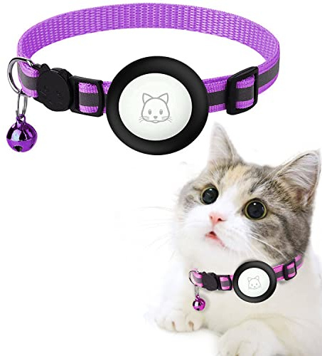 Lila Airtag Katzenhalsband,mit AirTag-Halter aus Silikon,Verstellbares Reflektierendes Halsband für die Nacht kompatibel mit Apple Airtag für Katze