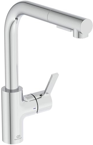 Ideal Standard – Gusto Küchenarmatur, Hoher L-Auslauf mit zylindrischem Querschnitt, mit 2-Funktionshandbrause, Schwenkbereich 360°, Schnellmontagesystem EasyFix+, Chrom