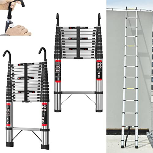 6.2M Telescopic Aluminum Ladder with hooks, Folding Multi-Purpose Ladder Extendable Loft Ladder Lightweight Portable Collapsible Ladder Anti-Slip Telescoping Extension Ladder, Max Load 150kg, EN131