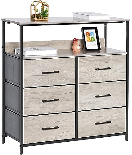 LYNCOHOME Kommode mit Schubladen aus Stoff, Sideboard Flur Schrank mit 6 Stoffschubladen und Fächern, Schubladenschrank Ordnungsmöbel für Küche Büro Bedroom