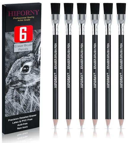 HIFORNY Radierstifte mit Pinsel, Radierstifte für Künstler, zum Löschen kleiner Details oder zum Hinzufügen von Highlights zum Skizzieren, Kohlezeichnungen, 6 Stück