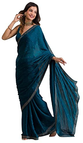 TRENDMALLS Sari de trabajo Siroski de gasa musgo para mujer con cinturón sin costuras, Verde azulado, talla única