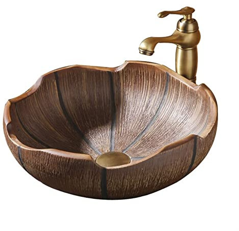 GLigeT Waschtisch Waschbecken im Badezimmer, Retro-Landhaus-Keramikkunst-Waschbecken, runde Schüssel mit Wasserhahn-Kombination Waschbecken