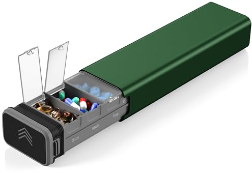 Tablettenbox 7 Tage,Kursoaya Tägliche Pillendose für 7 Tage, Hochwertiges Aluminium，Pillenbox für Vitamine, Medikamente, Nahrungsergänzungsmittel (Jäger Grün)