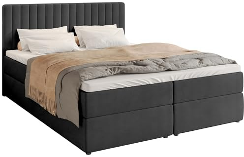 BROMARKT Boxspringbett 160x200 mit Bettkasten Topper Härte H3 Schwarz | Doppelbett mit Bonell-Matratze gepolsterte Kopfstütze und Stauraum Polsterbett Bett Bed Jugendbett Einzelbett DREAM